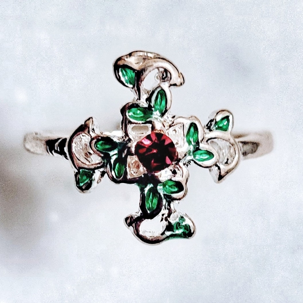 Flower Cross Holy Garden Silver Ring Size 7